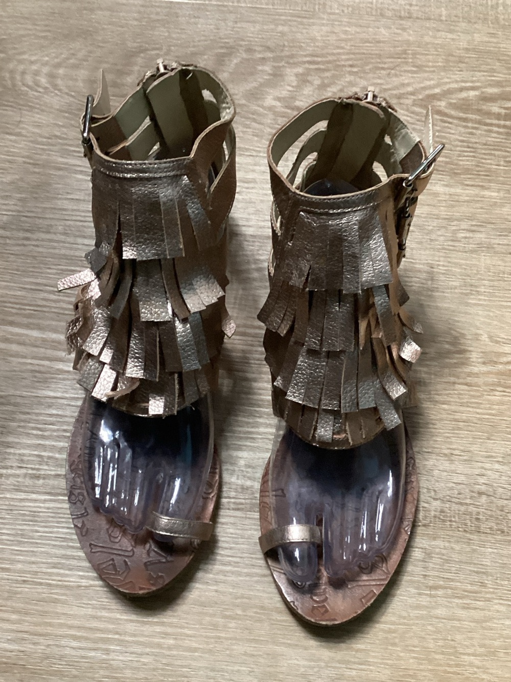 Velvet Angels Metallic Fringe Gladiator Sandals - Bronze